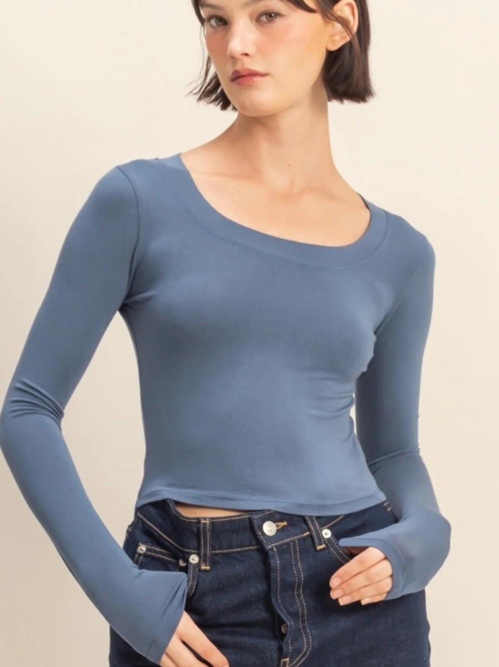 NEW Double Zero Cropped Scoop Neck Long Sleeve Top Basic Tee Dusty Navy